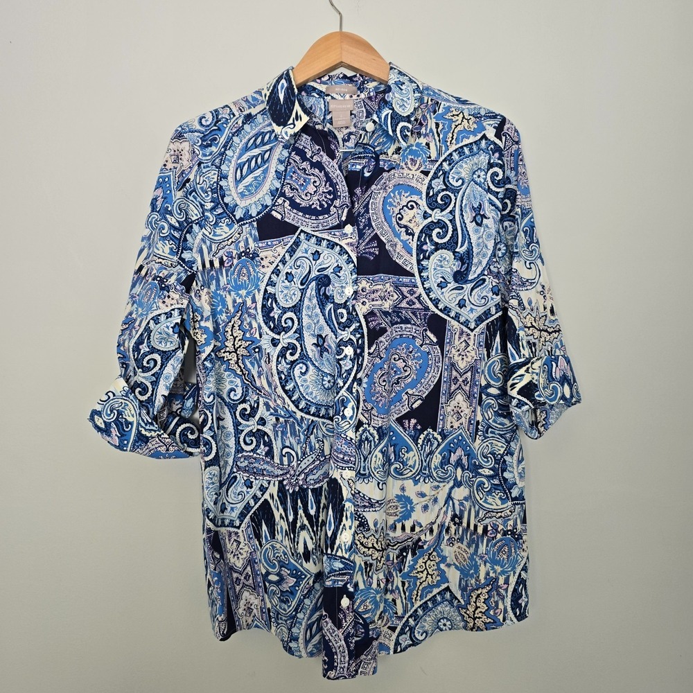 Chicos Womens Paisley Print Travel Tunic Top Size Large Blue Resort Wear Hippie
